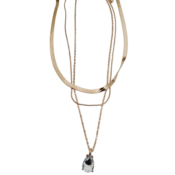 💖 2/$30 Boho  multi layered gold tone fishbone rhinestone pendant necklace set - Picture 11 of 16